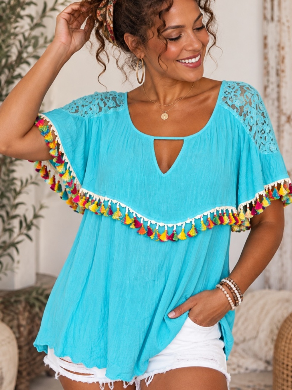 Jodifl Turquoise Boho Lace Tassel Flutter Sleeve Top- Like New!